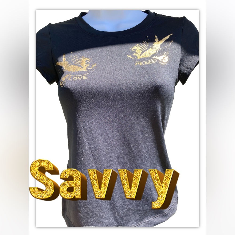 Womens Savvy Black Tee Gold Foil Design M Medium